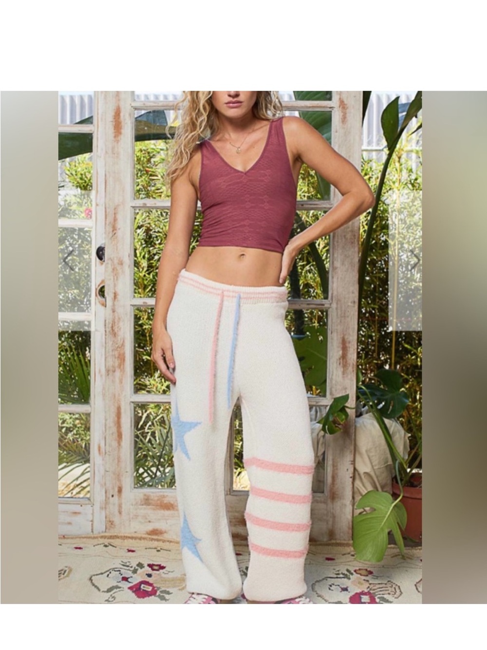 !- POL Stylish Cozy Crème, Pink Stripe & Blue Stars Lounge Pants
